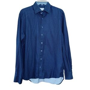 Stenstroms Fitted Body Navy Patterned Shirt Long Sleeve (Size 16.5/42)